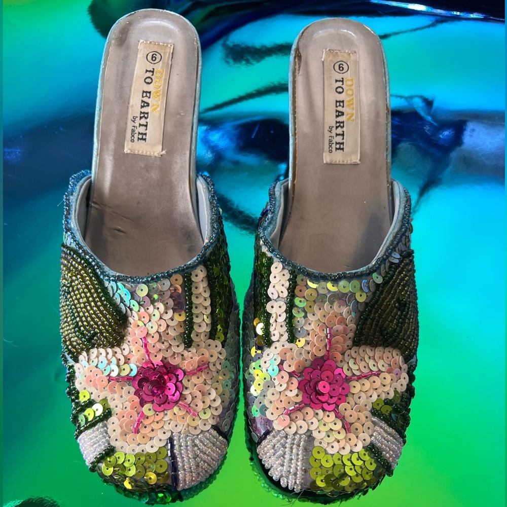 Down To Earth by Fabco floral sequin & beads one inch slip on mule dressy shoe 6
